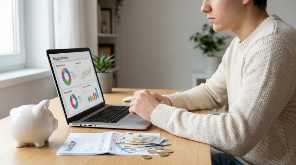 Un jeune homme consulte son budget sur ordinateur, avec tirelire, bulletin de salaire et billets d'euros sur la table.