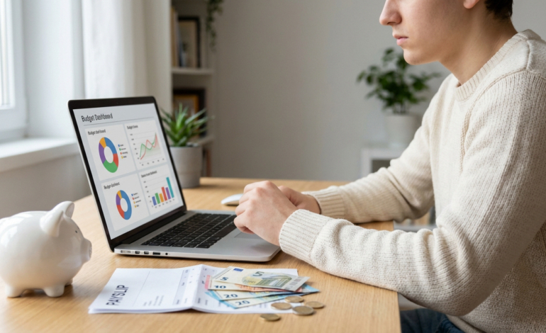 Un jeune homme consulte son budget sur ordinateur, avec tirelire, bulletin de salaire et billets d'euros sur la table.