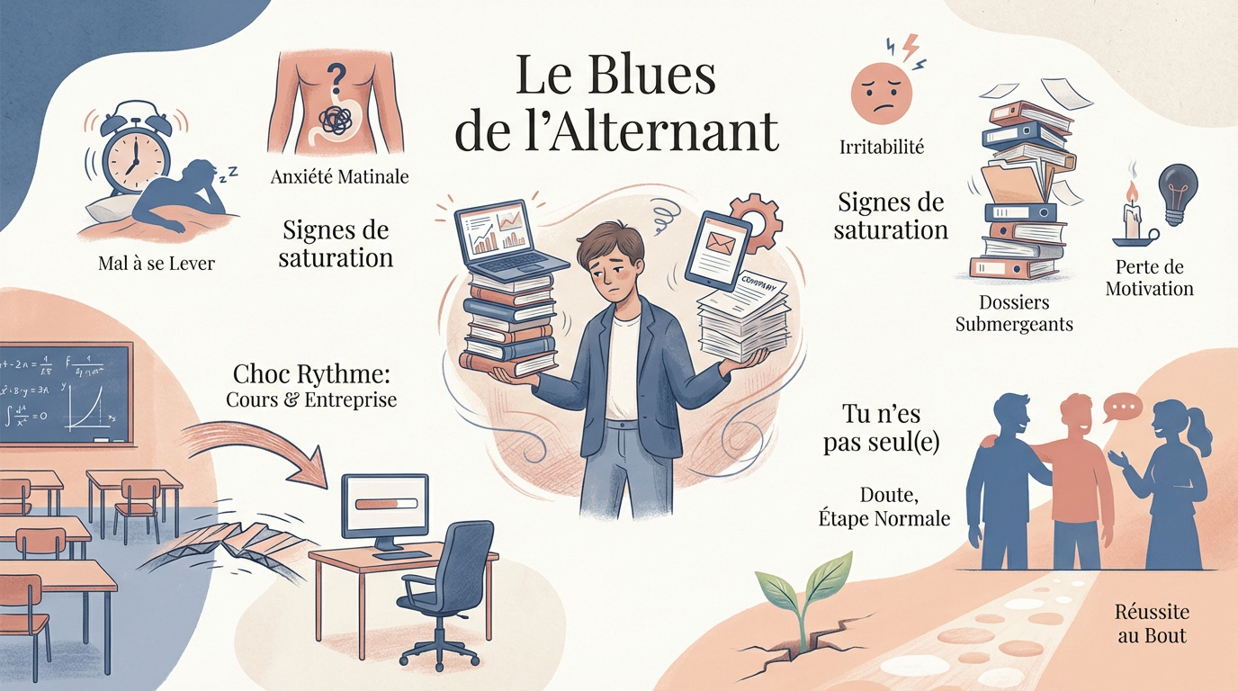 Jeune alternant fatigué devant son ordinateur qui gère le blues de l'alternance