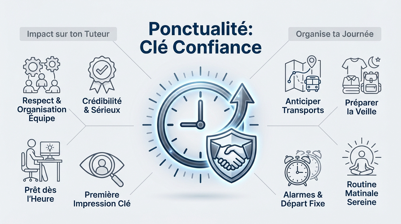 Jeune alternant arrivant à l'heure en entreprise pour montrer son sérieux