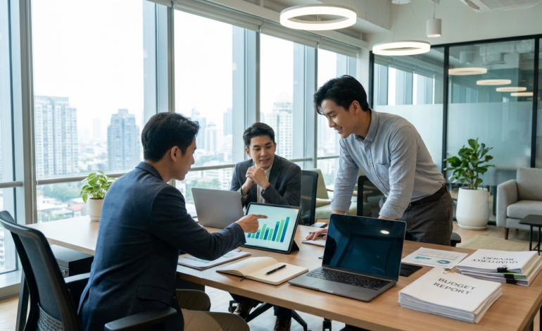 Trois professionnels discutent de données financières sur une tablette et des ordinateurs portables dans un bureau moderne avec vue sur la ville.
