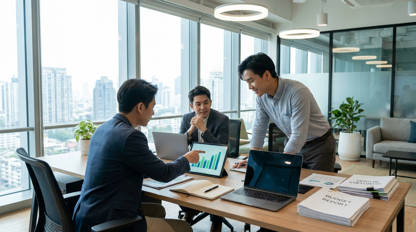 Trois professionnels discutent de données financières sur une tablette et des ordinateurs portables dans un bureau moderne avec vue sur la ville.