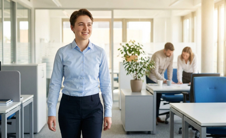 Jeune femme souriante en tenue professionnelle, debout dans un bureau lumineux. Des collègues collaborent en arrière-plan.