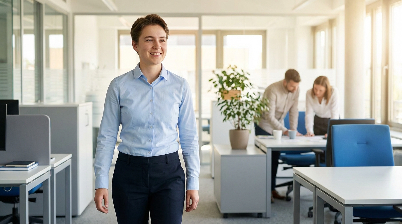 Jeune femme souriante en tenue professionnelle, debout dans un bureau lumineux. Des collègues collaborent en arrière-plan.