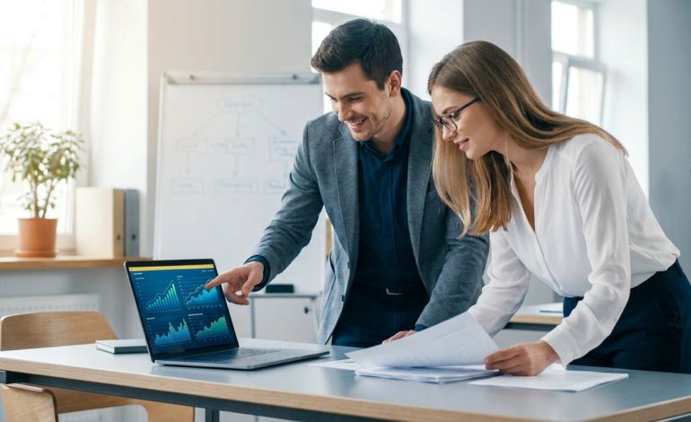 Deux professionnels souriants analysent des données financières sur un ordinateur portable, entourés de documents dans un bureau moderne.