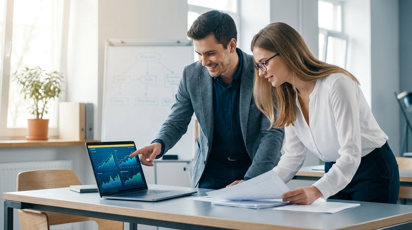 Deux professionnels souriants analysent des données financières sur un ordinateur portable, entourés de documents dans un bureau moderne.