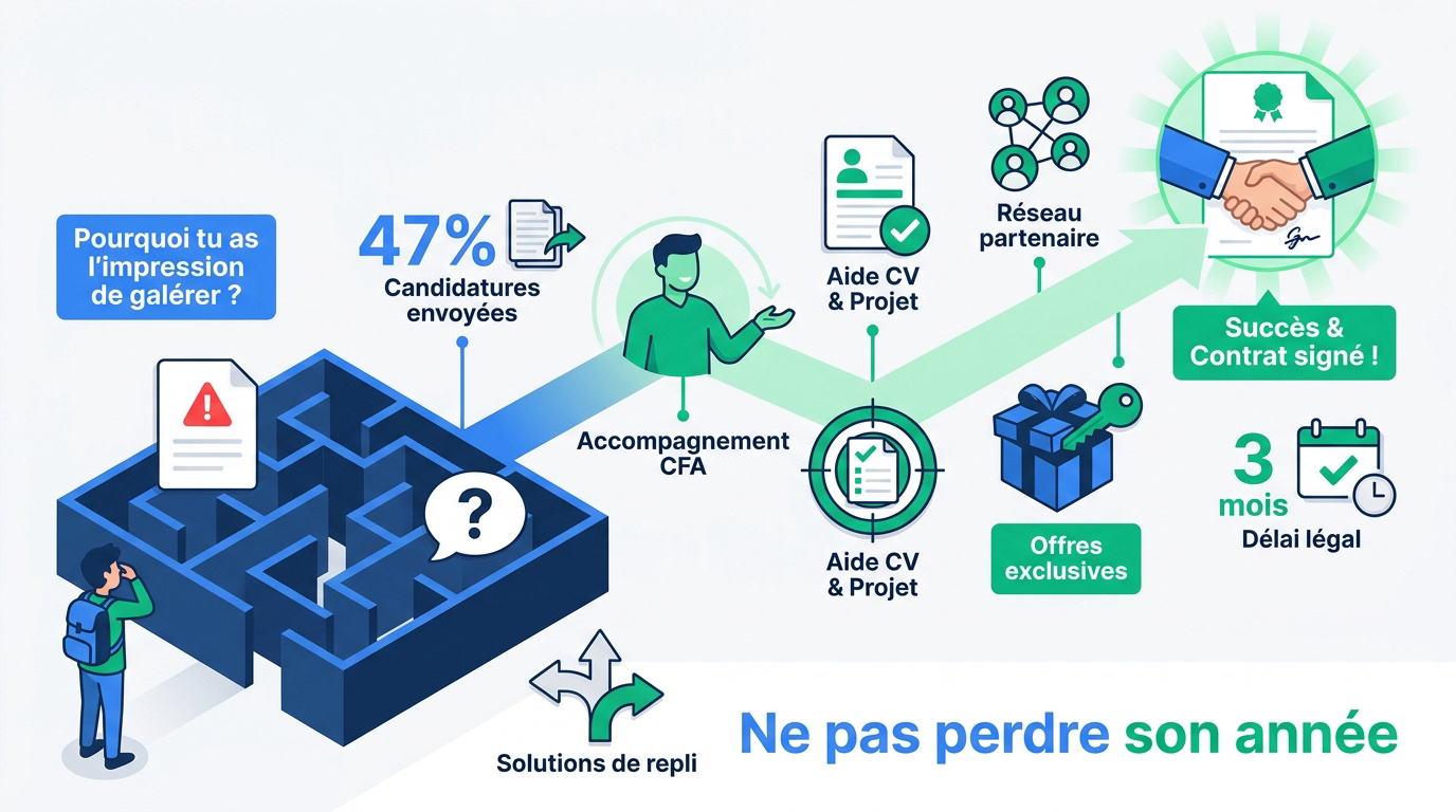 Infographie des étapes clés pour trouver une entreprise en alternance