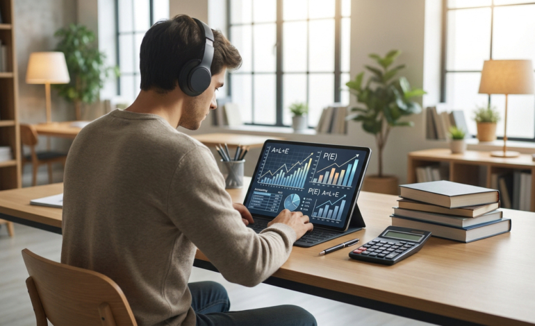 Jeune homme avec casque étudiant des graphiques financiers sur tablette, livres et calculatrice sur un bureau en bois.