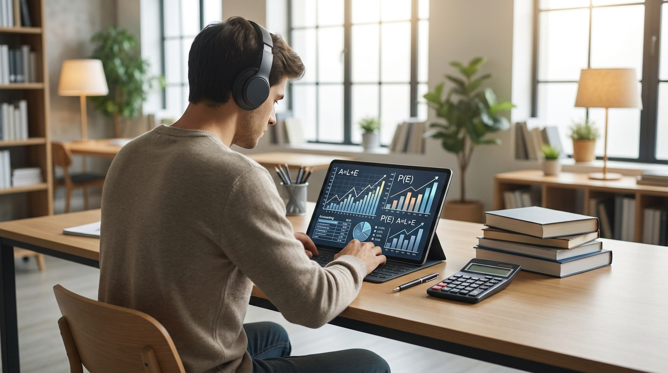 Un étudiant avec un casque analyse des graphiques financiers sur une tablette à son bureau, avec des livres et une calculatrice.