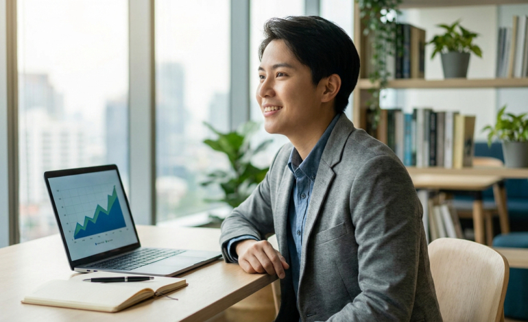 Jeune homme souriant devant son ordinateur portable affichant un graphique de croissance, avec un carnet.