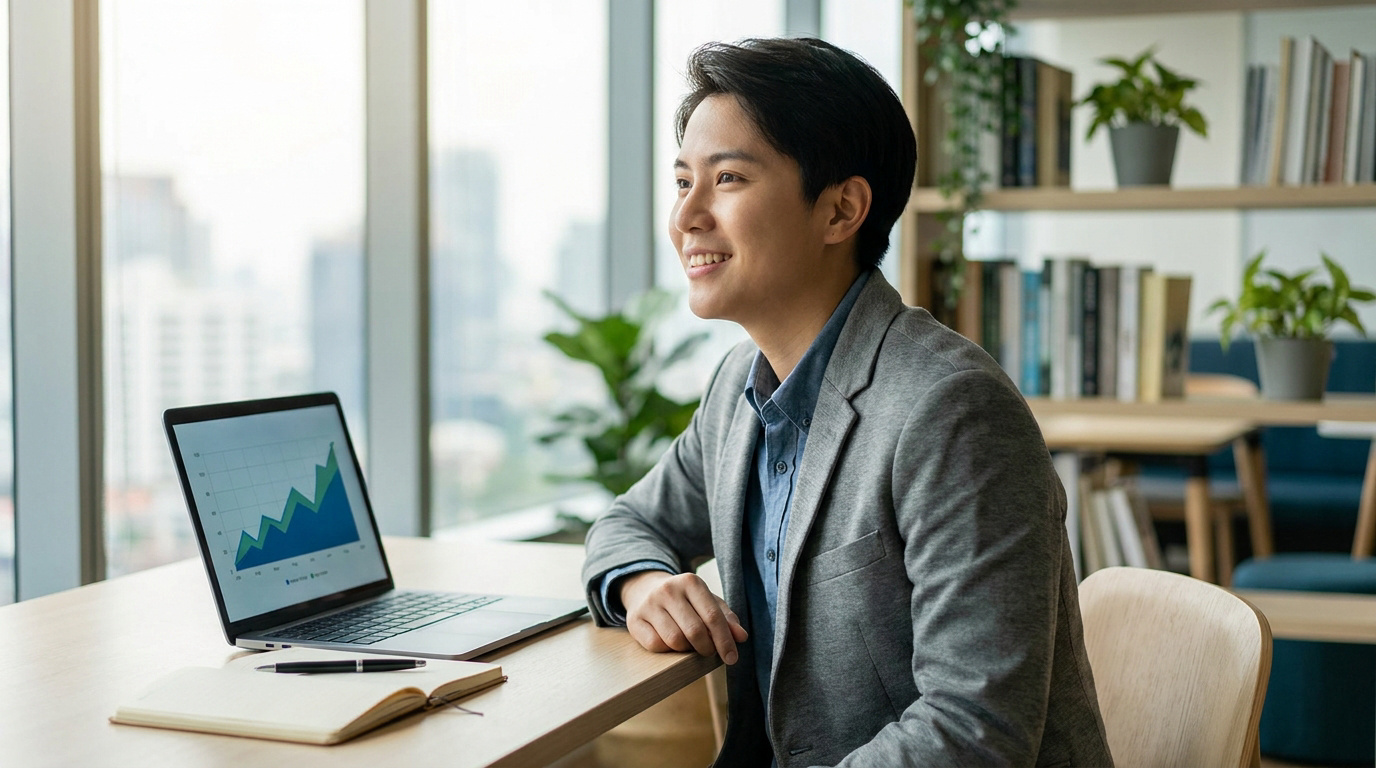 Jeune homme souriant devant son ordinateur portable affichant un graphique de croissance, avec un carnet.