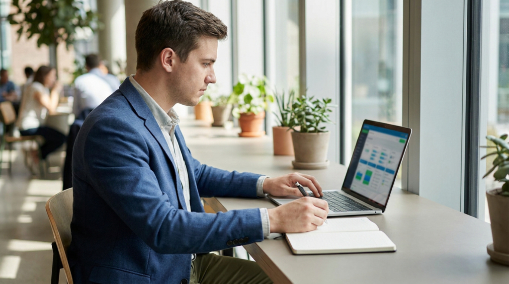 Jeune homme en blazer concentré sur son ordinateur portable et un carnet, préparant sa recherche d'alternance.