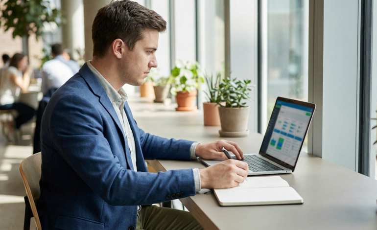 Jeune homme en blazer concentré sur son ordinateur portable et un carnet, préparant sa recherche d'alternance.