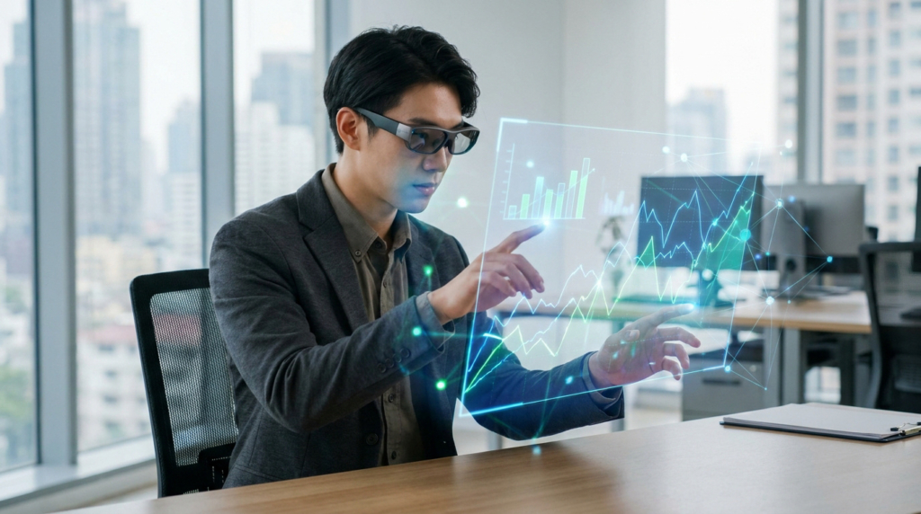 Homme en lunettes AR manipulant des graphiques de données holographiques dans un bureau lumineux avec vue sur la ville.