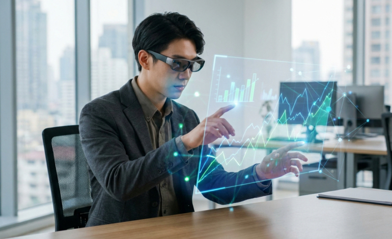Homme en lunettes AR manipulant des graphiques de données holographiques dans un bureau lumineux avec vue sur la ville.