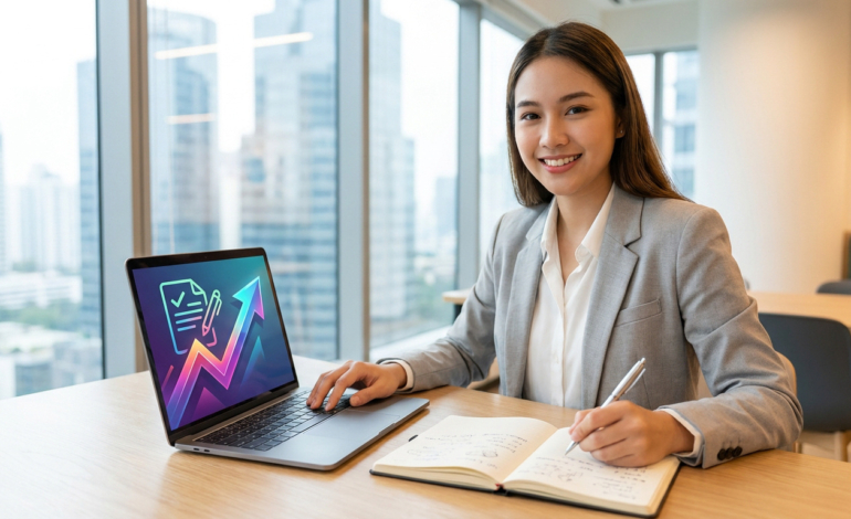Jeune femme souriante travaillant sur ordinateur portable affichant croissance et document, tout en écrivant dans un carnet.