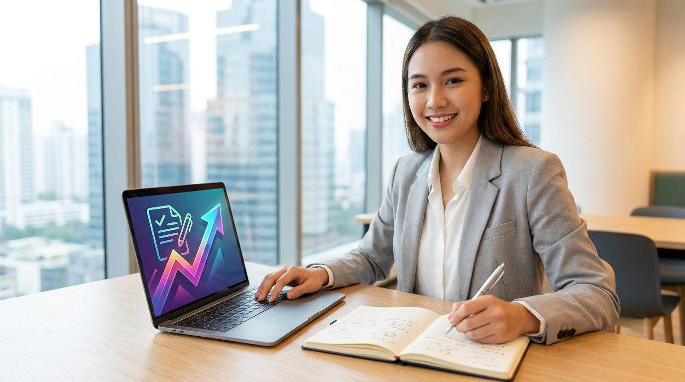 Jeune femme souriante travaillant sur ordinateur portable affichant croissance et document, tout en écrivant dans un carnet.
