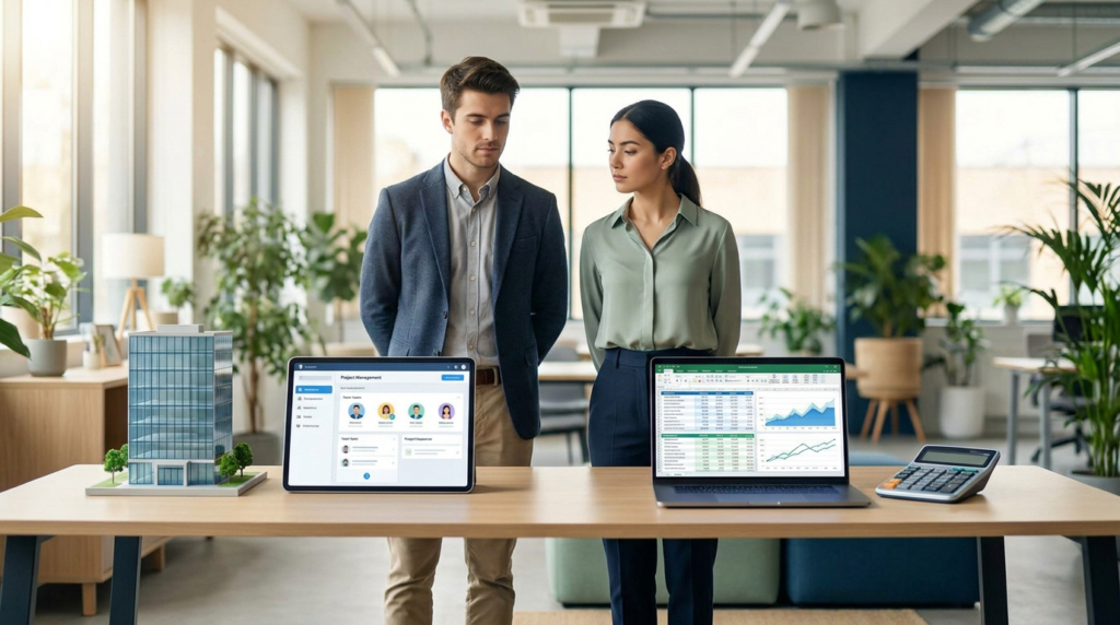 Deux professionnels devant une tablette (gestion de projet) et un ordinateur portable (analyse financière) dans un bureau lumineux.