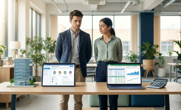 Deux professionnels devant une tablette (gestion de projet) et un ordinateur portable (analyse financière) dans un bureau lumineux.