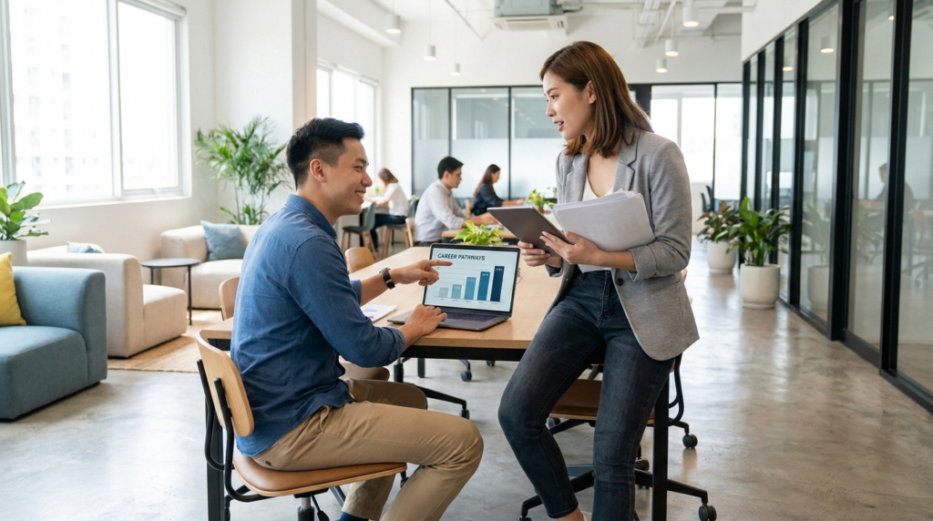 Deux professionnels discutent des parcours de carrière sur un ordinateur portable dans un bureau moderne et lumineux. L'homme pointe un graphique.