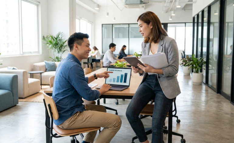 Deux professionnels discutent des parcours de carrière sur un ordinateur portable dans un bureau moderne et lumineux. L'homme pointe un graphique.