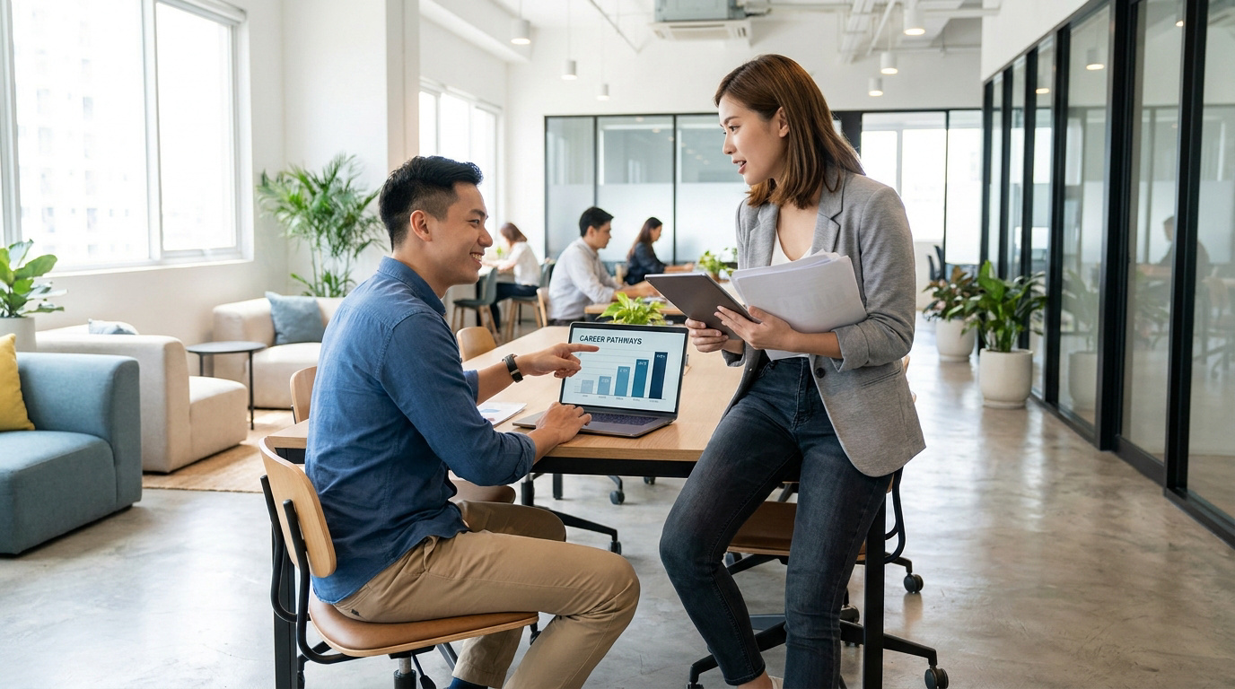 Deux professionnels discutent des parcours de carrière sur un ordinateur portable dans un bureau moderne et lumineux. L'homme pointe un graphique.