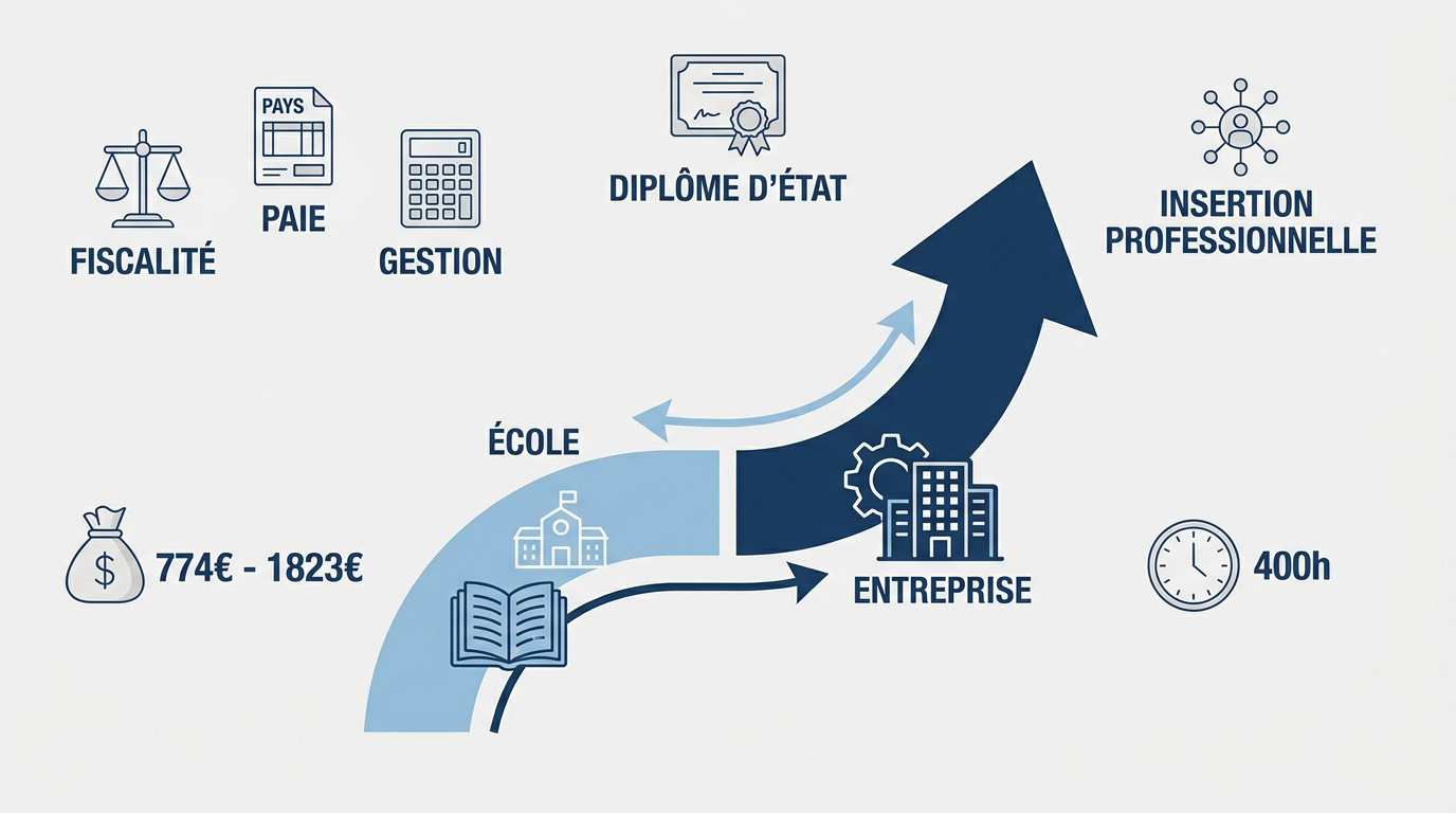 Schéma du parcours BTS CG montrant l'équilibre entre l'école, l'entreprise et l'accès à l'emploi