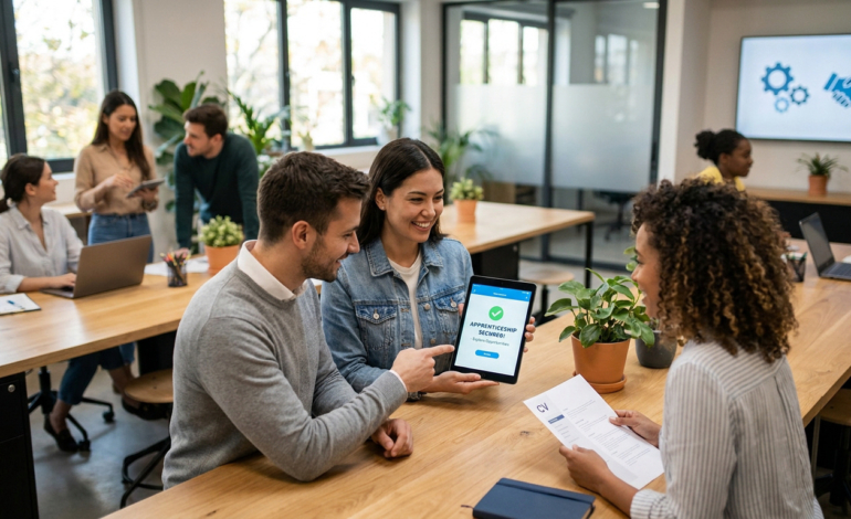 Trois personnes dans un bureau moderne. Deux montrent à une collègue une tablette affichant "Alternance sécurisée !". Elle tient un CV.