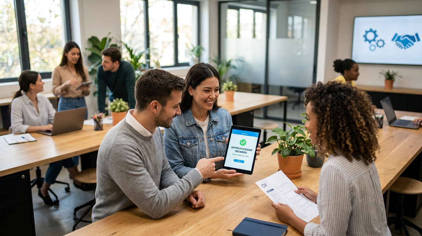 Trois personnes dans un bureau moderne. Deux montrent à une collègue une tablette affichant "Alternance sécurisée !". Elle tient un CV.