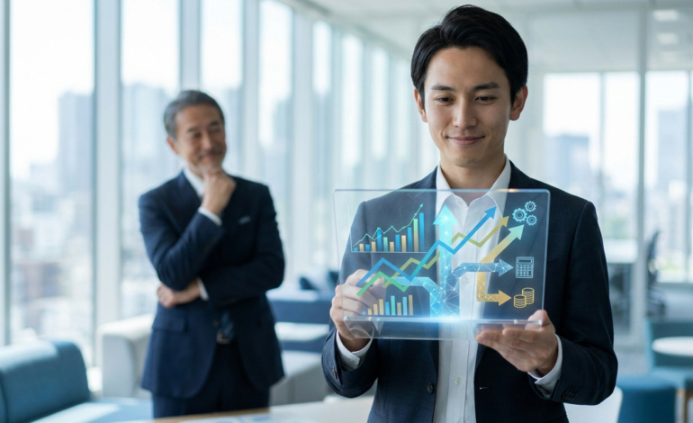 Jeune professionnel asiatique en costume consultant graphiques et indicateurs de croissance sur une tablette transparente. Un collègue âgé l'observe en arrière-plan dans un bureau moderne.