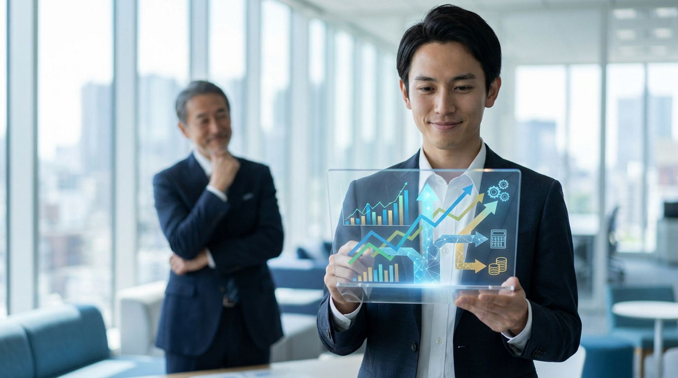 Jeune professionnel asiatique en costume consultant graphiques et indicateurs de croissance sur une tablette transparente. Un collègue âgé l'observe en arrière-plan dans un bureau moderne.