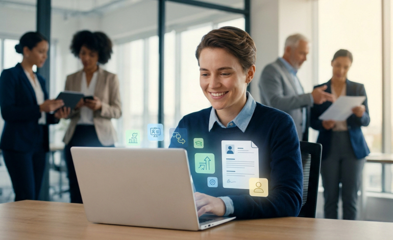 Jeune femme souriante utilisant un laptop, entourée d'icônes de CV, formation et carrière. Contexte de recherche d'emploi et CFA.