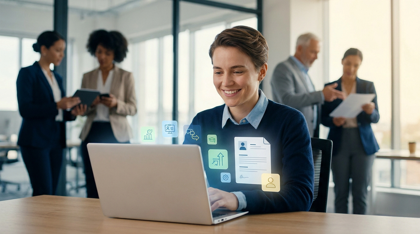 Jeune femme souriante utilisant un laptop, entourée d'icônes de CV, formation et carrière. Contexte de recherche d'emploi et CFA.