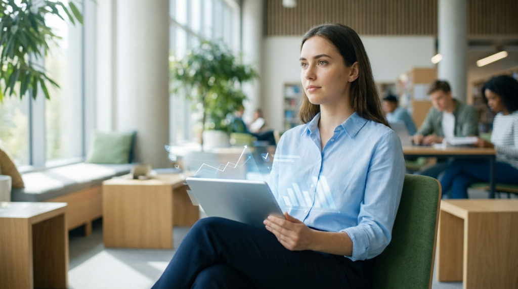 Jeune femme analysant des données financières sur une tablette avec graphiques holographiques dans un cadre moderne et lumineux.