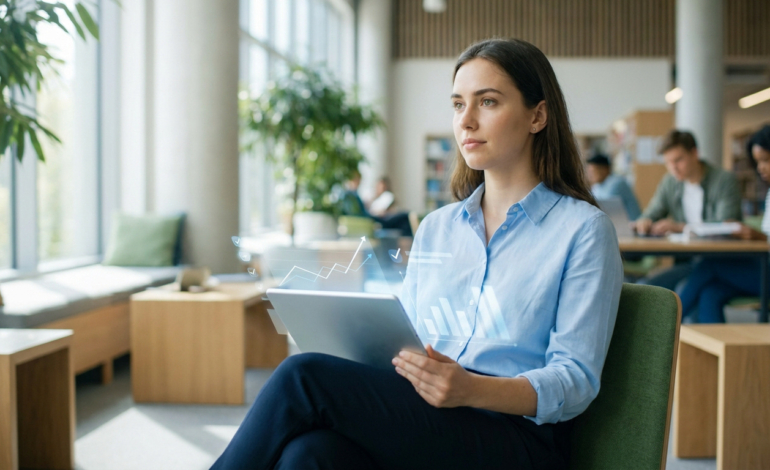 Jeune femme analysant des données financières sur une tablette avec graphiques holographiques dans un cadre moderne et lumineux.
