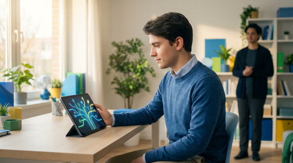 Jeune homme devant une tablette affichant un arbre lumineux, un homme en arrière-plan. Scène de bureau moderne.