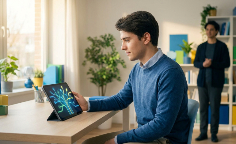 Jeune homme devant une tablette affichant un arbre lumineux, un homme en arrière-plan. Scène de bureau moderne.