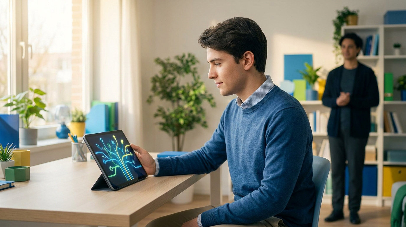 Jeune homme devant une tablette affichant un arbre lumineux, un homme en arrière-plan. Scène de bureau moderne.