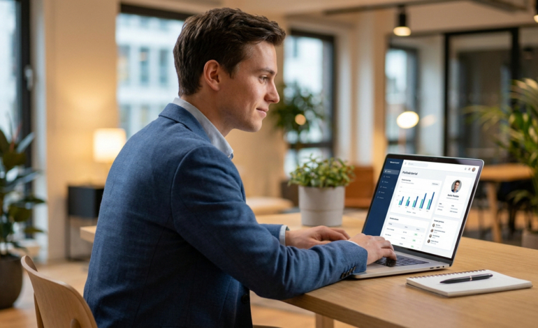 Jeune homme en blazer bleu clair travaillant sur un ordinateur portable affichant un tableau de bord professionnel, dans un bureau moderne.
