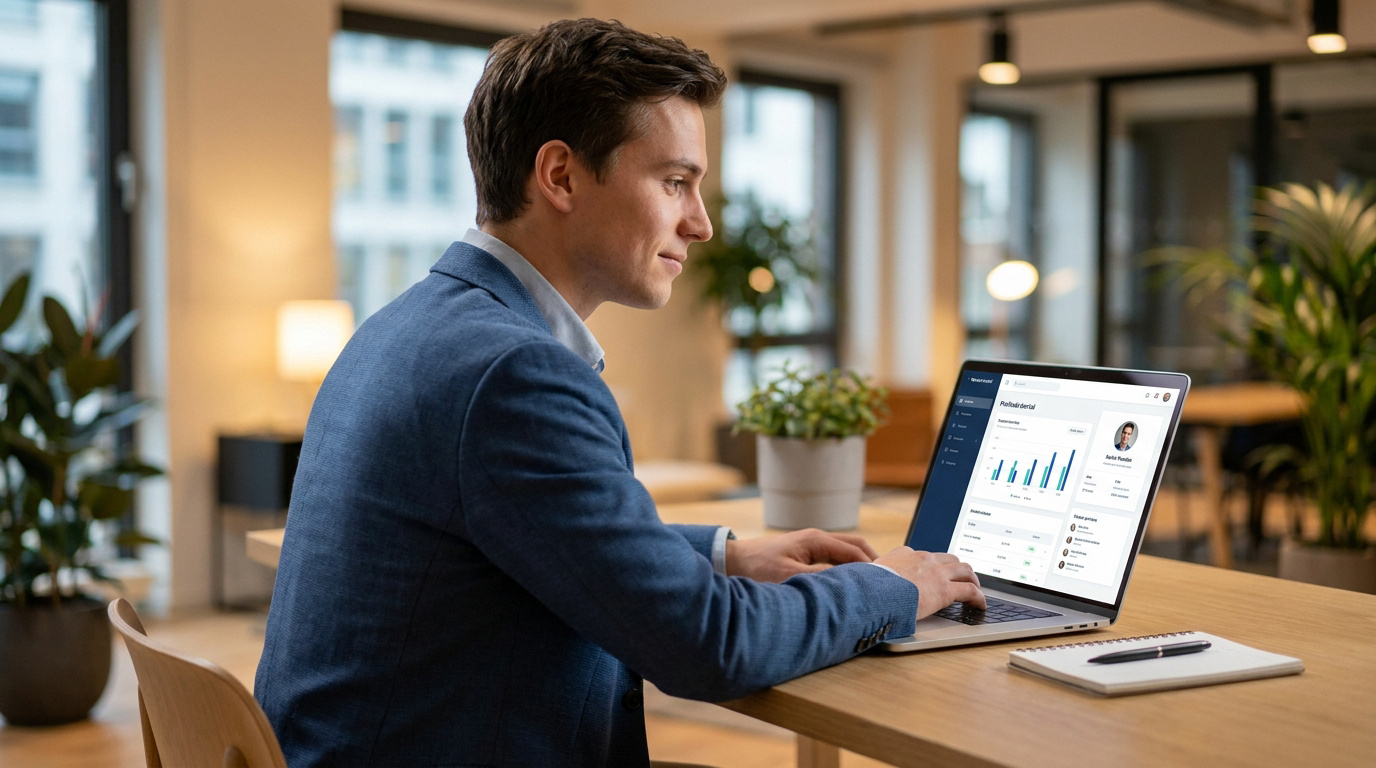 Jeune homme en blazer bleu clair travaillant sur un ordinateur portable affichant un tableau de bord professionnel, dans un bureau moderne.