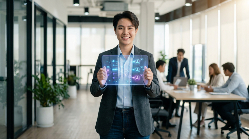 Jeune professionnel souriant présentant un écran holographique IA pour l'alternance, dans un bureau moderne et lumineux.