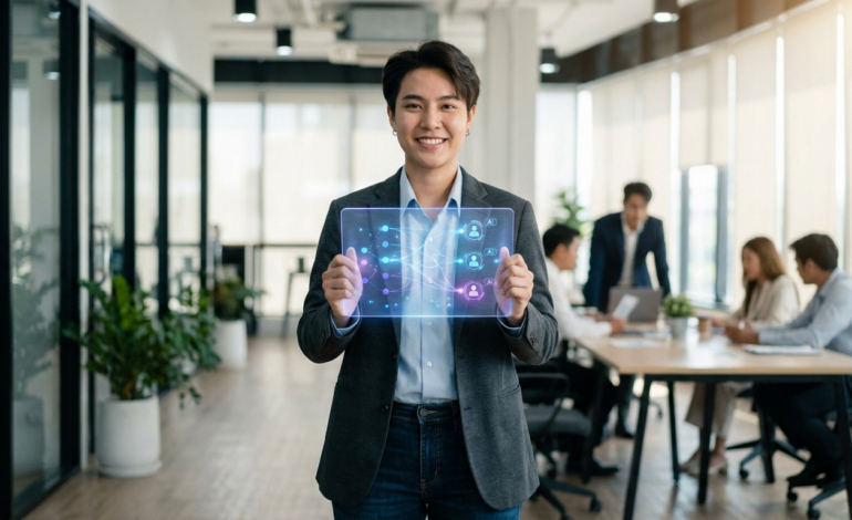 Jeune professionnel souriant présentant un écran holographique IA pour l'alternance, dans un bureau moderne et lumineux.