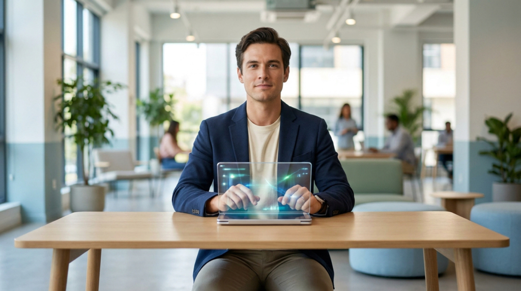 Homme souriant en blazer bleu utilise un appareil transparent avec des données lumineuses sur une table en bois dans un bureau moderne.