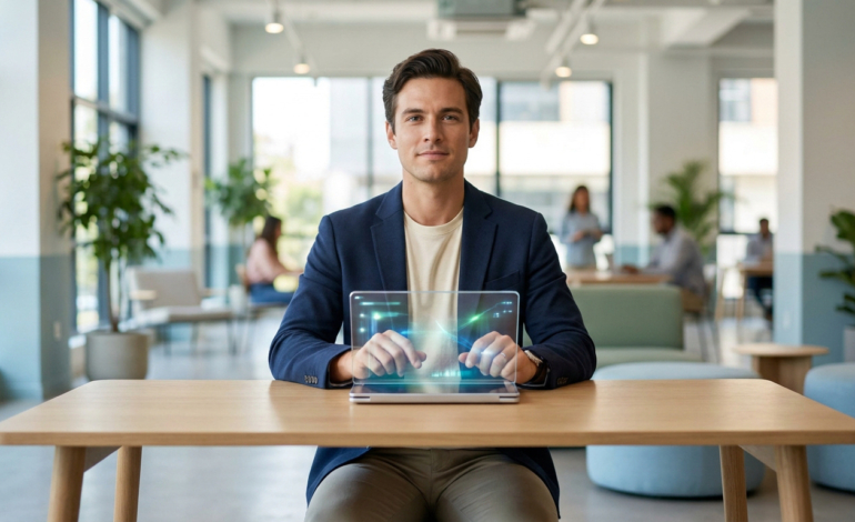 Homme souriant en blazer bleu utilise un appareil transparent avec des données lumineuses sur une table en bois dans un bureau moderne.