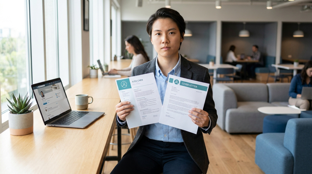 Un jeune homme déterminé tient un CV et une lettre de motivation devant un laptop en coworking.