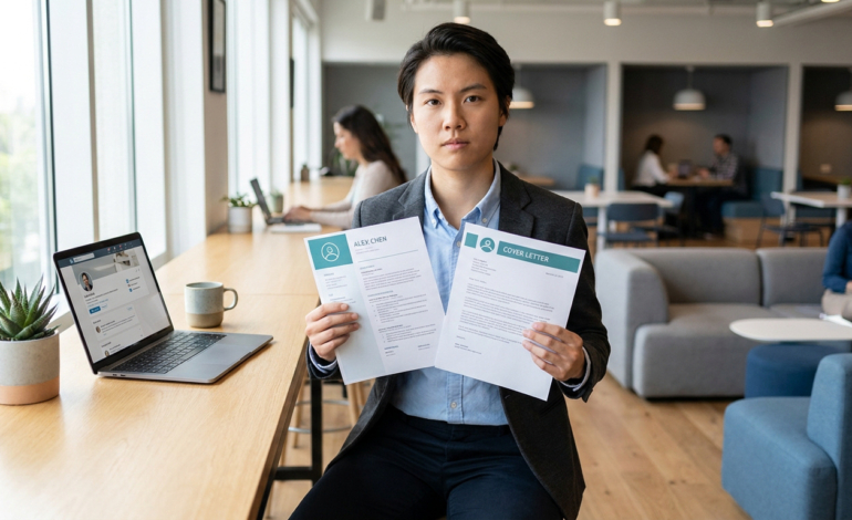 Un jeune homme déterminé tient un CV et une lettre de motivation devant un laptop en coworking.