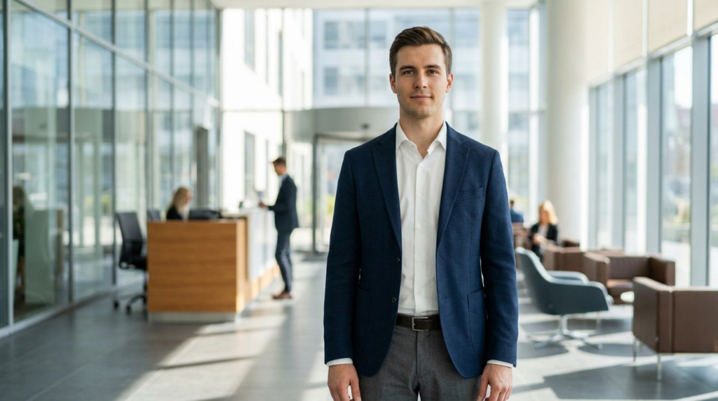 Jeune homme confiant en blazer bleu et chemise blanche, debout dans un hall d'entreprise moderne. Idéal pour une alternance.