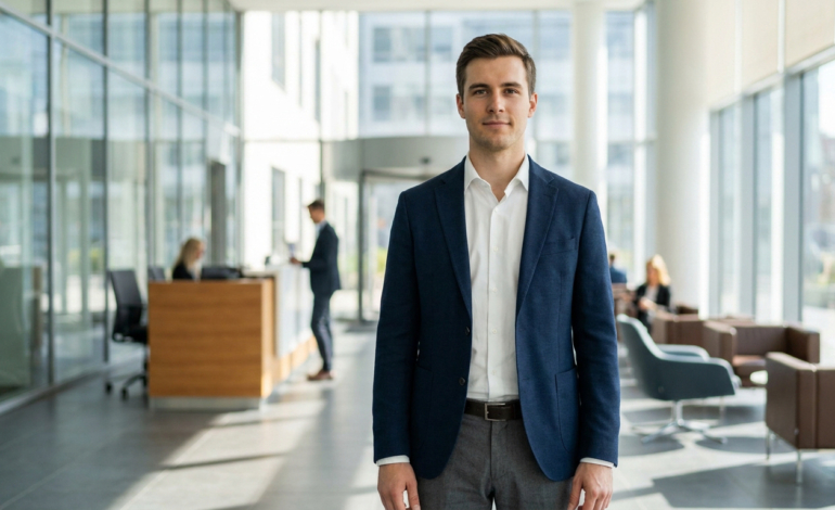 Jeune homme confiant en blazer bleu et chemise blanche, debout dans un hall d'entreprise moderne. Idéal pour une alternance.