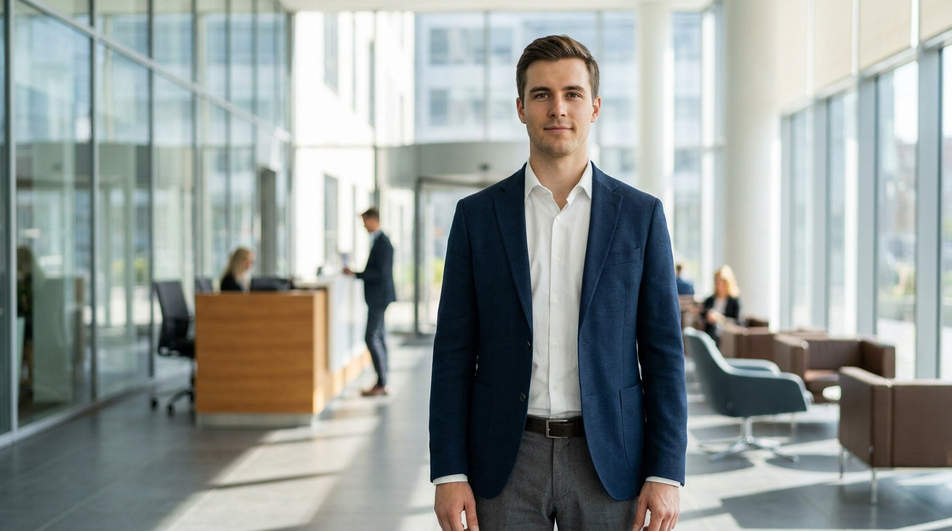 Jeune homme confiant en blazer bleu et chemise blanche, debout dans un hall d'entreprise moderne. Idéal pour une alternance.