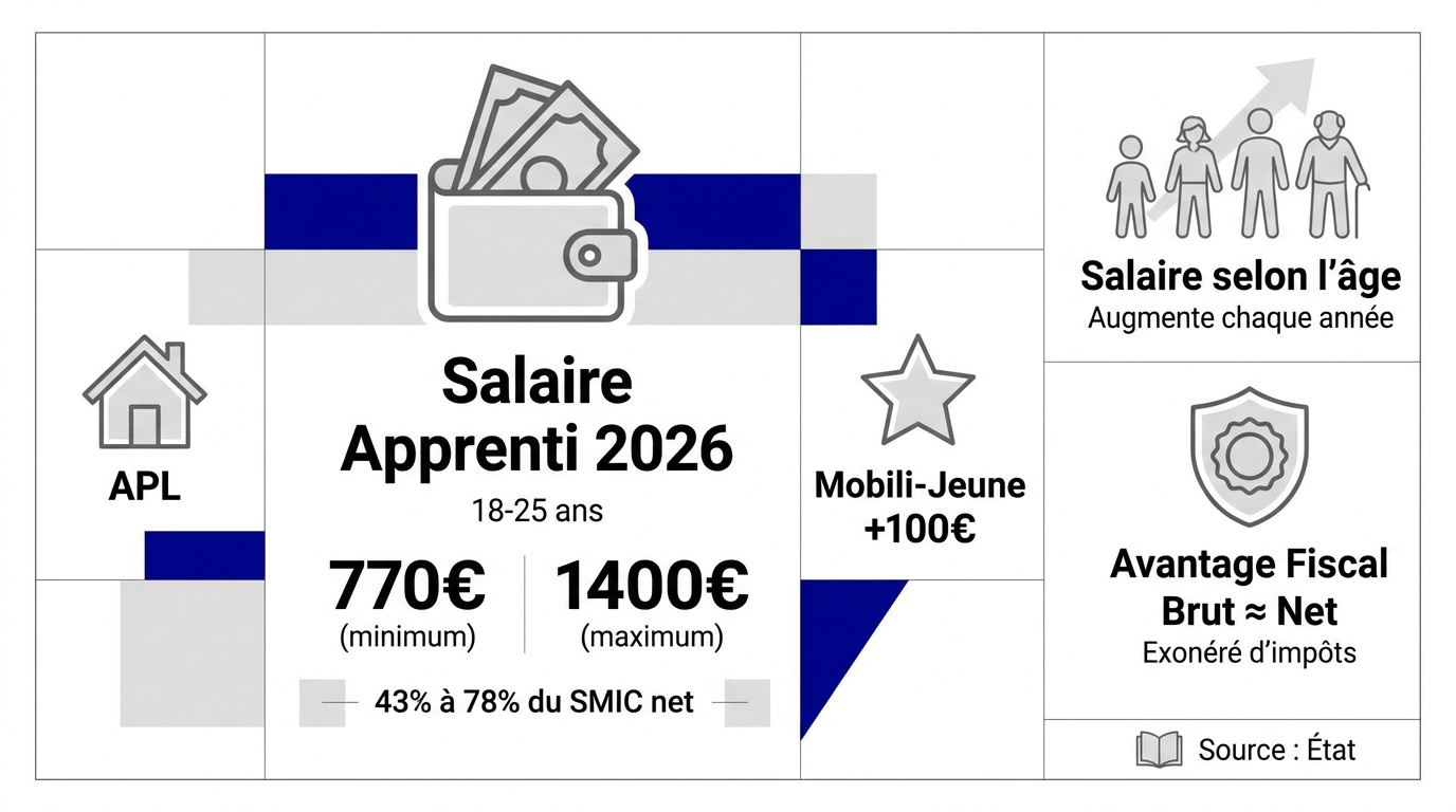 Tableau récapitulatif du salaire apprenti 2026 et des aides au logement